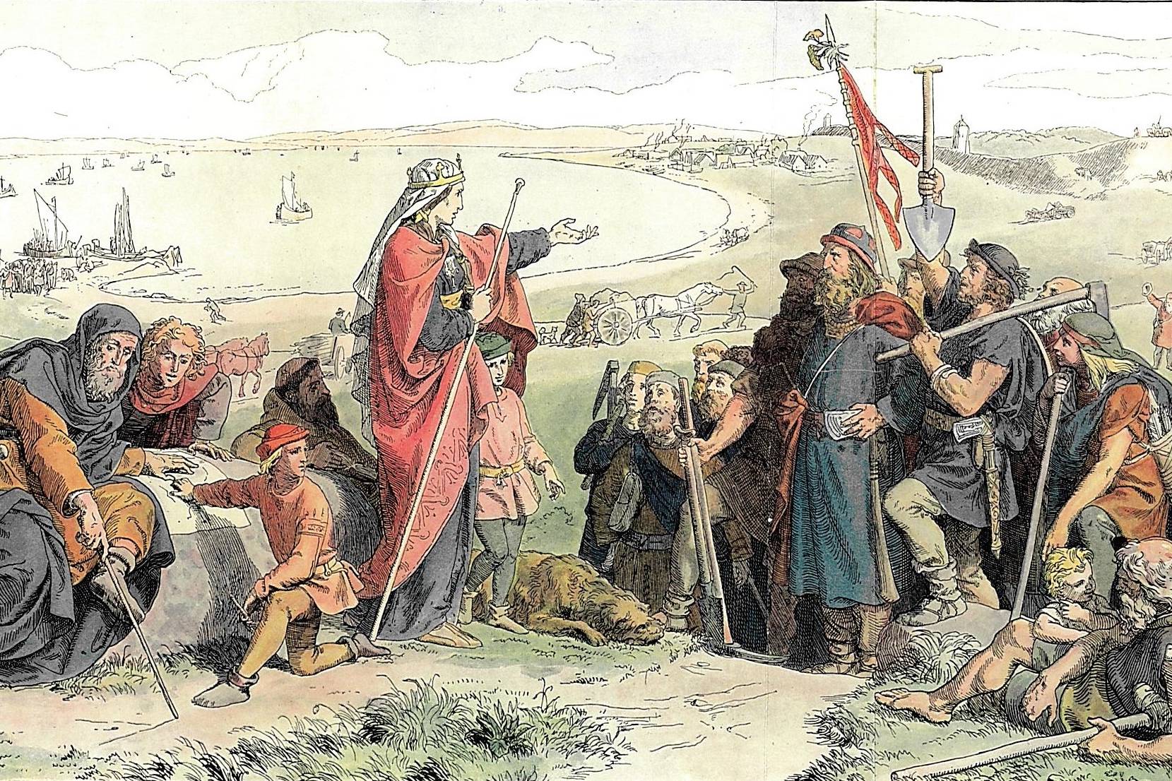 This 1855 illustration shows Queen Thyra overseeing the construction of the Danevirke with her young sons Knud and Harald and her chaplain Avico.