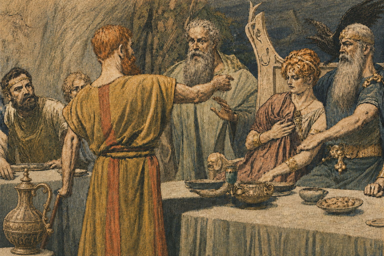 Loki insults the assembled gods during Ægir's feast in Lokasenna.