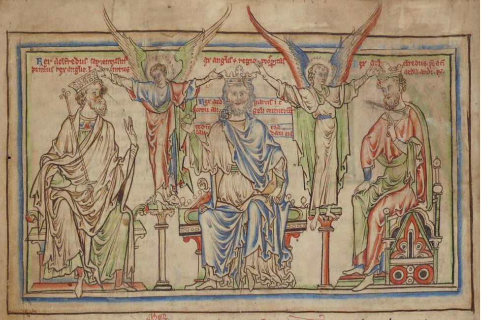 An illustration from Matthew Paris's Life of St Edward the Confessor: Kings Alfred, Edgar, and Æthelred the Unready. Source: Wikimedia