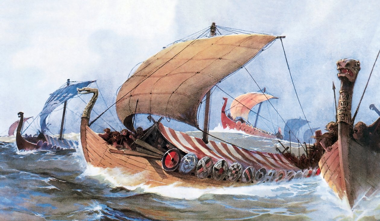 Drakkar. Viking Longships Under Sail, by Albert Sébille. Source: Public domain