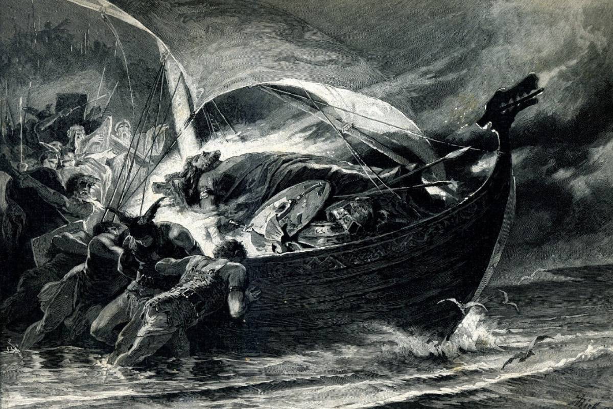 The German painting "The Viking's burial" reflects a 19th-century romantic idea of what a Viking burial at sea might have looked like.