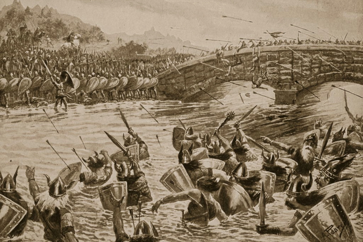 The illustration depicts the Battle of Maldon in 991, as featured in Hutchinson's Story of the British Nation, published in 1922.