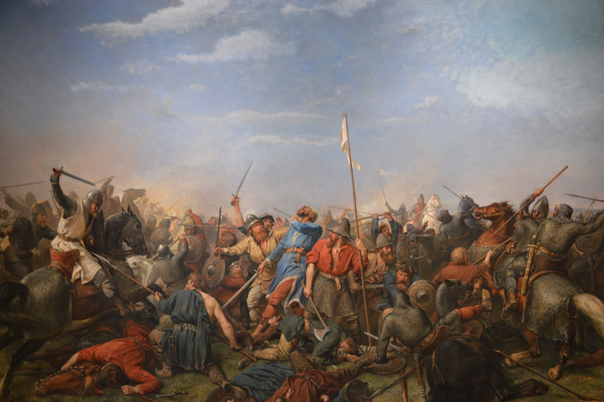 Painted in 1870, The Battle of Stamford Bridge presents the well-known clash between Viking and English forces in 1066.