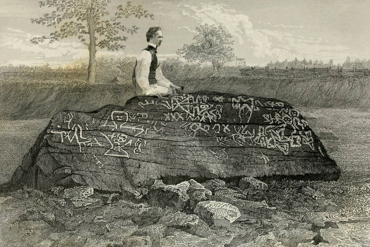 Military illustrator Seth Eastman at Dighton Rock in 1853.