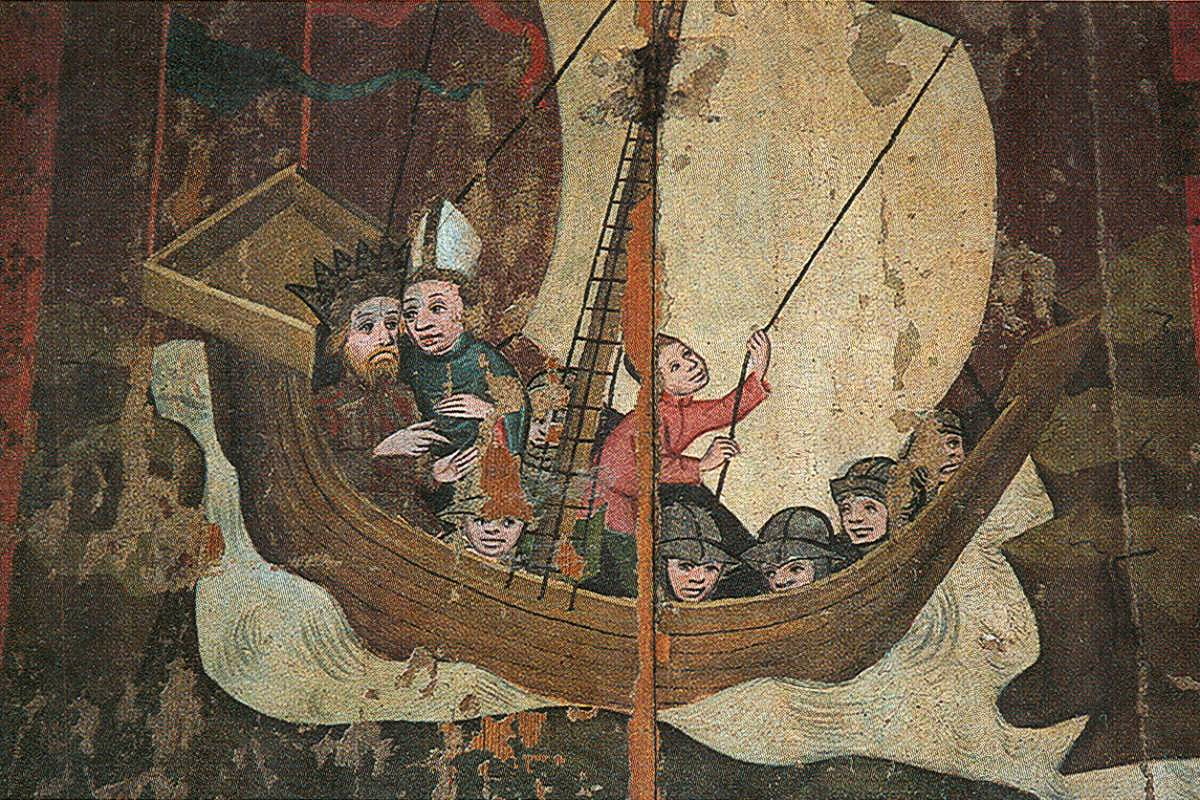 The First Swedish Crusade, though partly legendary, is traditionally linked to King Eric IX and Bishop Henry, seen here in a medieval mural.