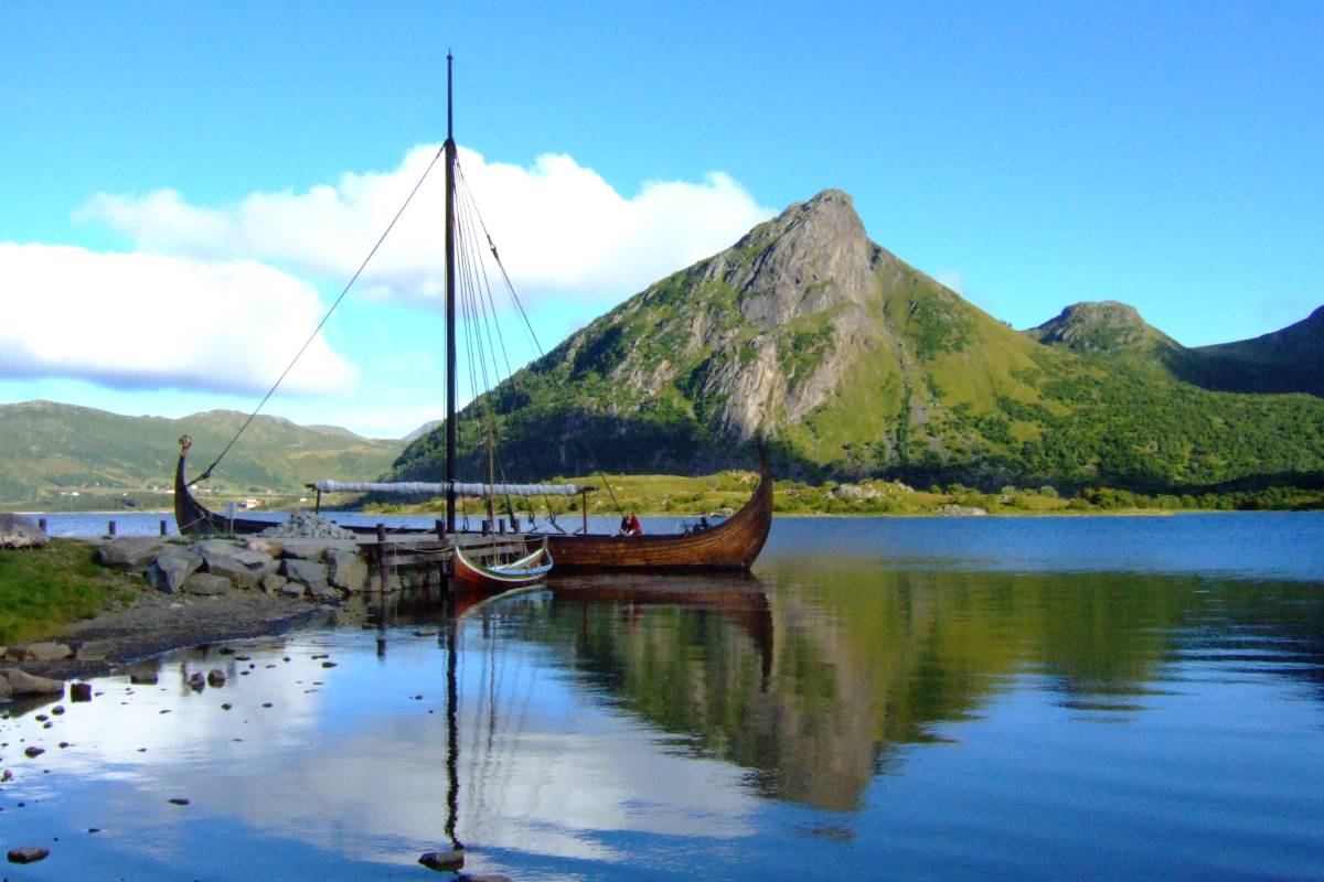 A replica of the 9th-century Gokstad ship, moored at Borgpollen near Lofotr Viking Museum in Lofoten, Norway.