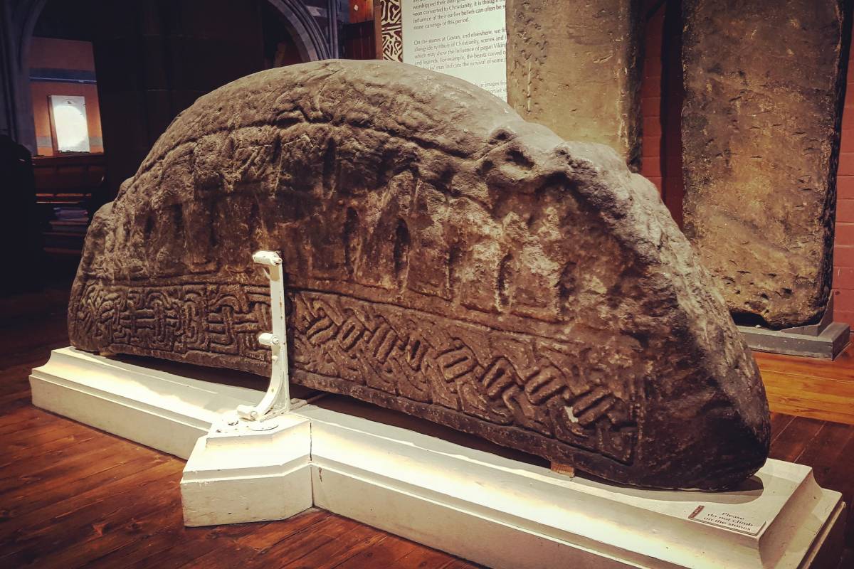 The Govan 2 hogback, housed in the Govan Stones museum, shows detailed interlace and roof-line carvings typical of Viking Age memorial stones.