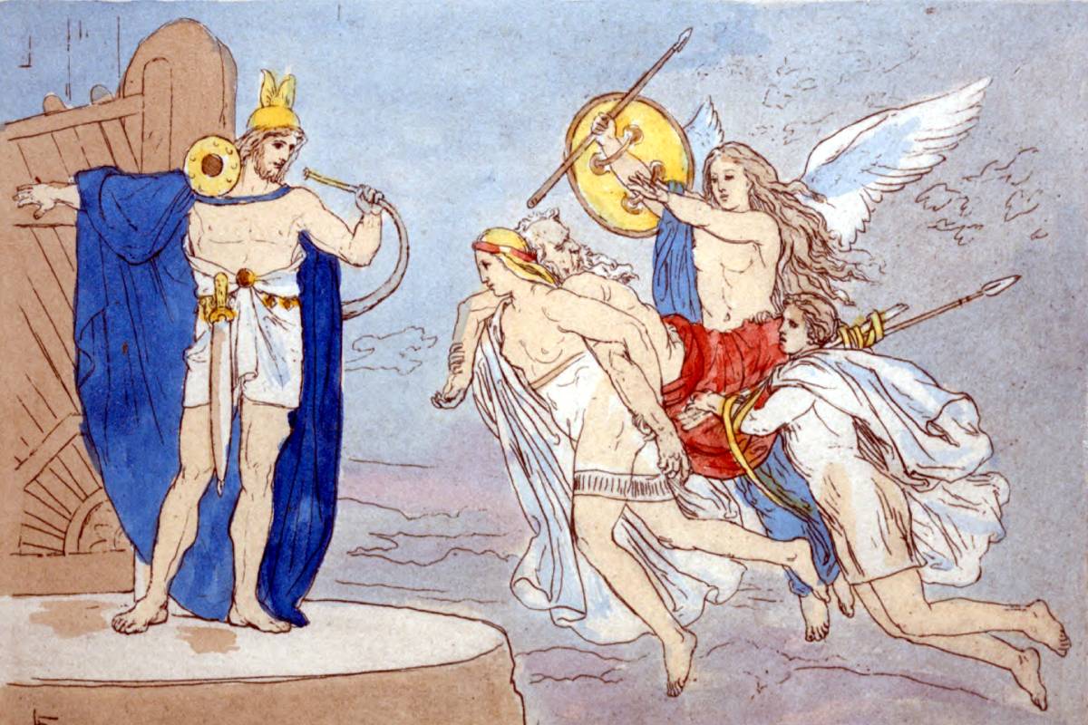 Illustration from 1906 of Valkyries escorting a slain warrior to Valhalla's gate, where Heimdallr stands watch.