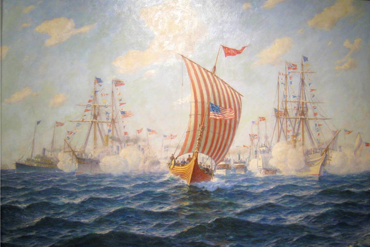 Painted in 1898 by Hjalmar Johnssen, "Viking arrives in Chicago" is an oil painting showcasing the replica Viking ship's reception at the 1893 Chicago World's Fair