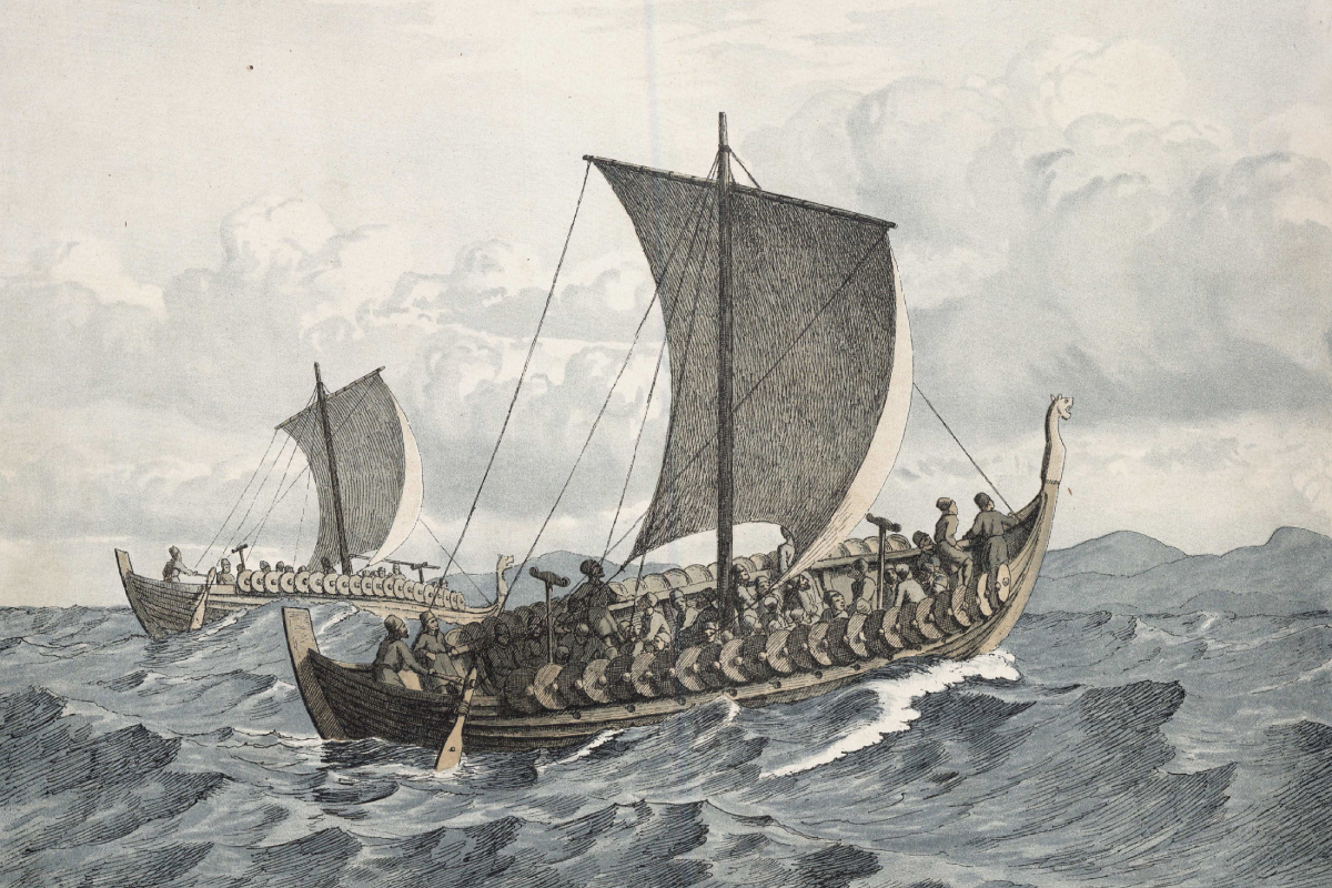 Two Viking ships equipped for battle, interpreted as karvi. Illustration by Christian Blache (1838–1920).