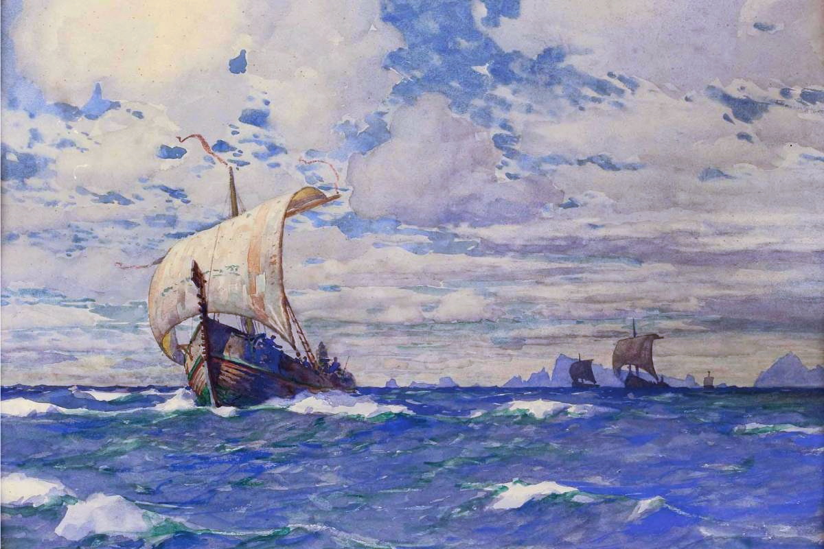 An early 20th-century painting depicting Viking longships under sail off a rocky coast.