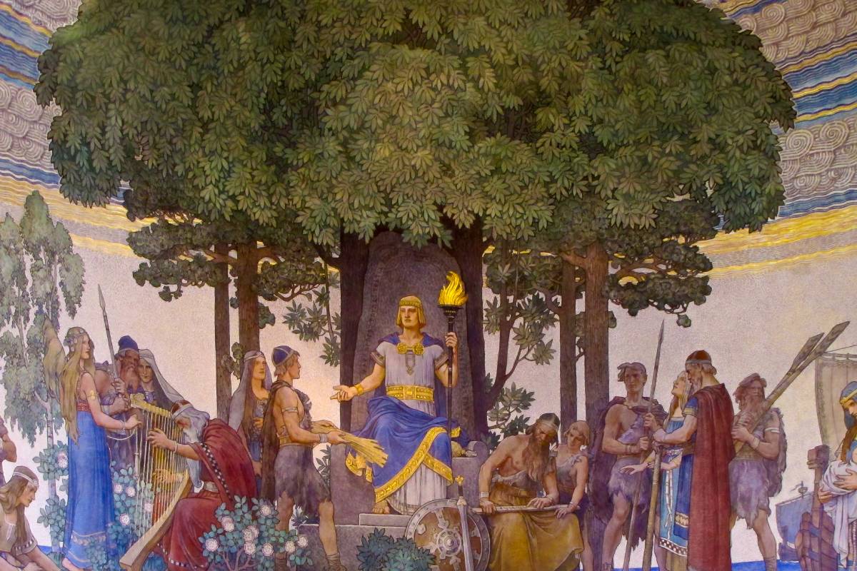 This early 20th-century mural by Nils Asplund (1874–1958) shows Heimdall fulfilling his mythic duty by delivering the gods’ gifts to the human world.