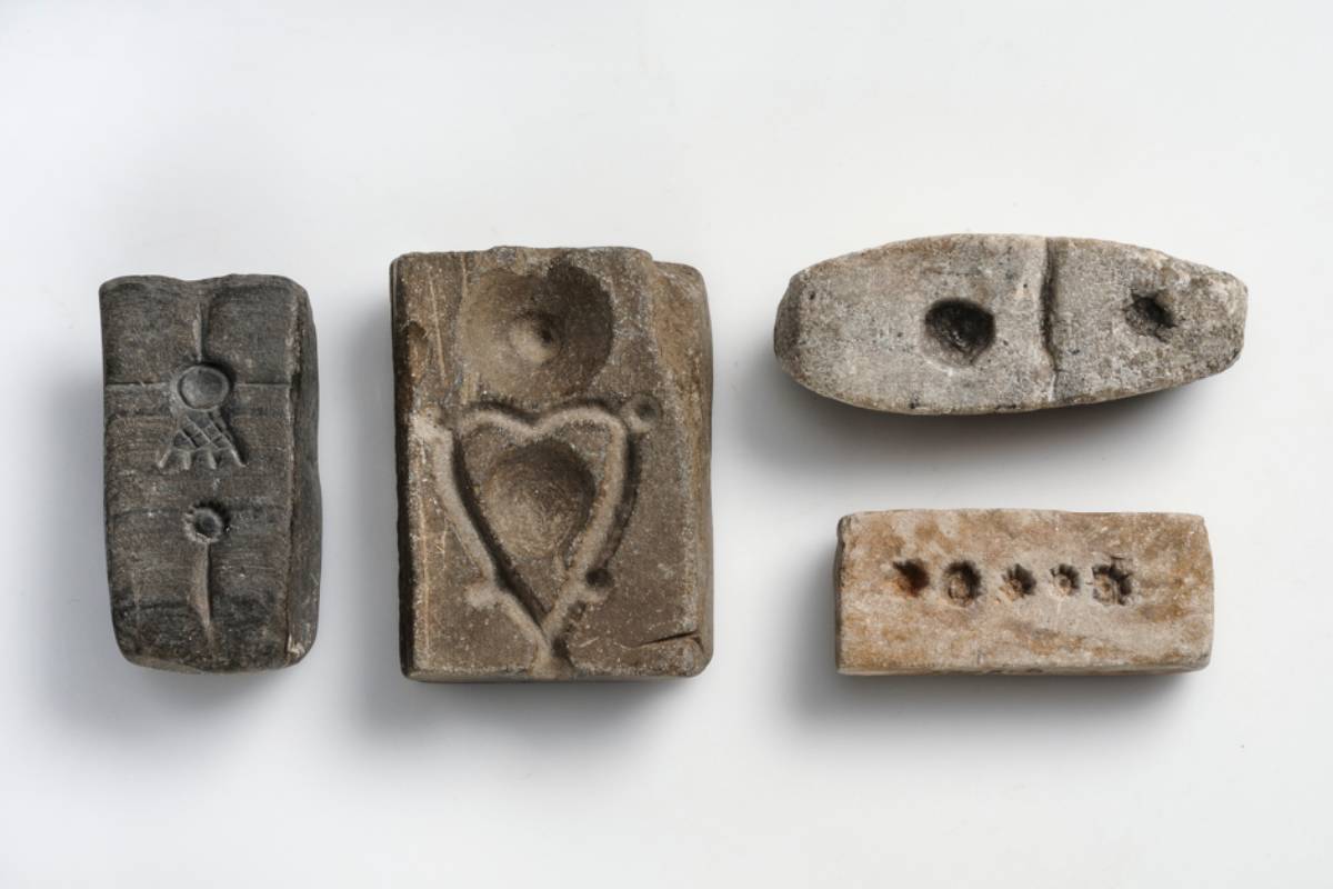 Stone casting moulds from Viking Age Birka, including soapstone pieces, from the Swedish History Museum.
