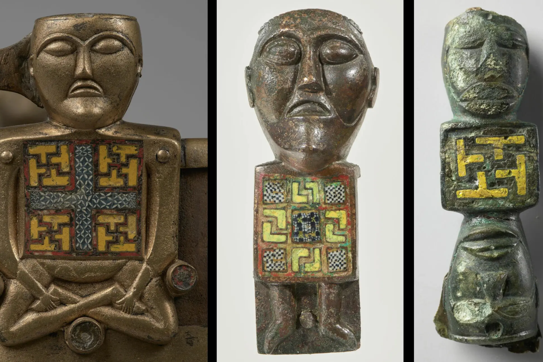 The Buddha on the Oseberg bucket, the Myklebust Man and a figure found in Lindesnes, Norway
