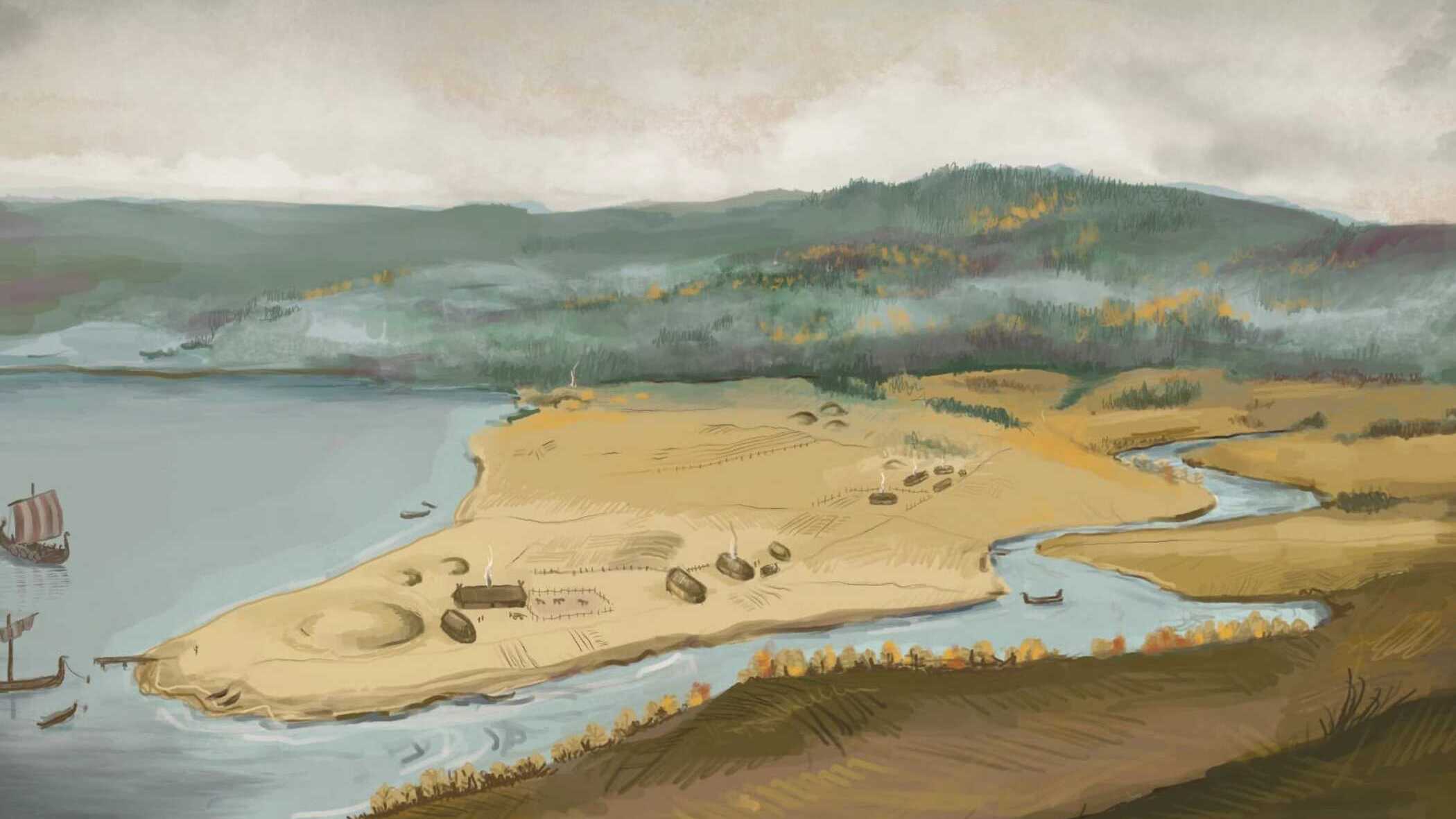 Viking Age Oslo. Illustration of how the burial mound and the surrounding farms may have looked in the 10th century. Source: Sara Langvik Derrick, NIKU