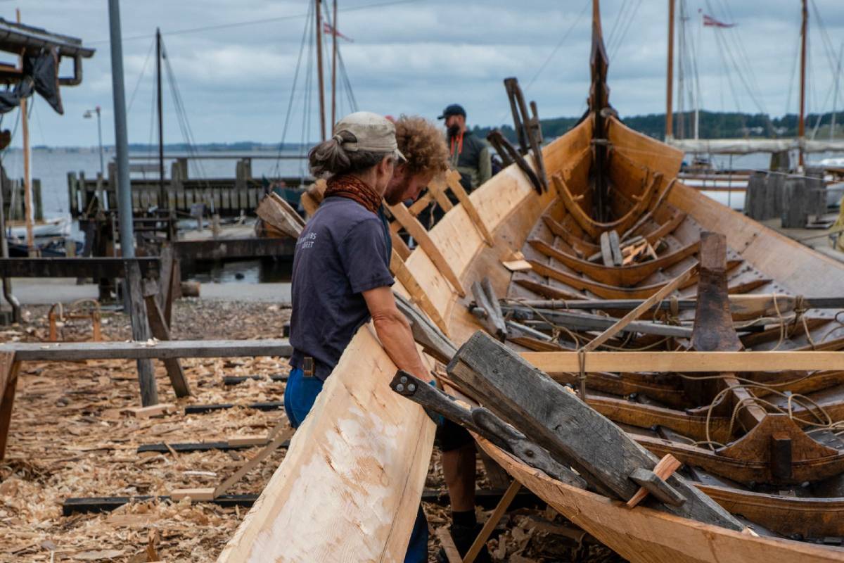 The reconstruction of the 11th-century Skuldelev 5 ship is progressing at the Viking Ship Museum in Roskilde, with the hull now taking shape.