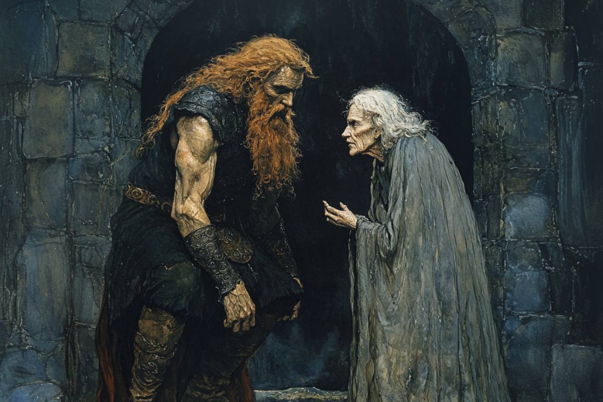 The Gylfaginning recounts how Thor, during a visit to the deceptive giant Útgarða-Loki’s hall, is challenged to wrestle an old woman named Elli.