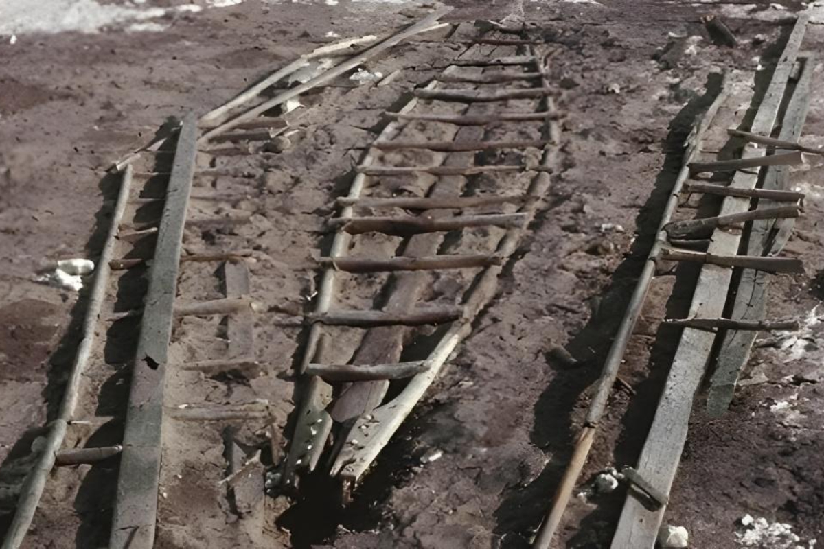 A 15th-century Thule umiaq uncovered in 1949 at Herlufsholm Strand, Northeast Greenland, soon after the snow cover was removed.