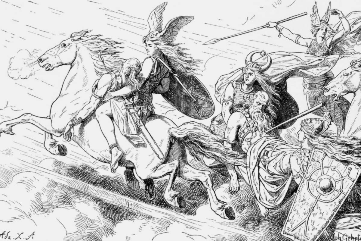 This 1888 illustration presents Valkyries as escorts of the slain on the way to Valhalla.