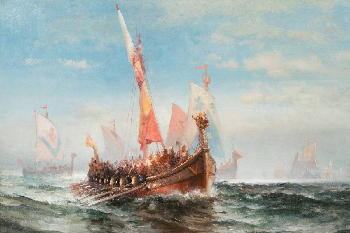 This nineteenth-century oil on canvas titled "Viking Armada" is part of the private Knohl Collection in the United States.