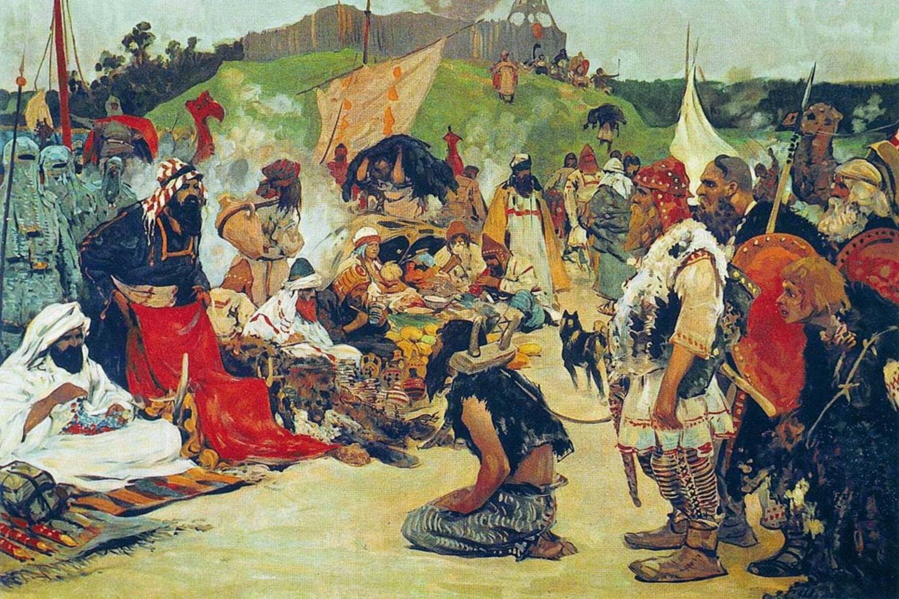 Trade negotiations in the country of Eastern Slavs. Pictures of Russian history, by Sergey Ivanov, 1909. Source: Public domain