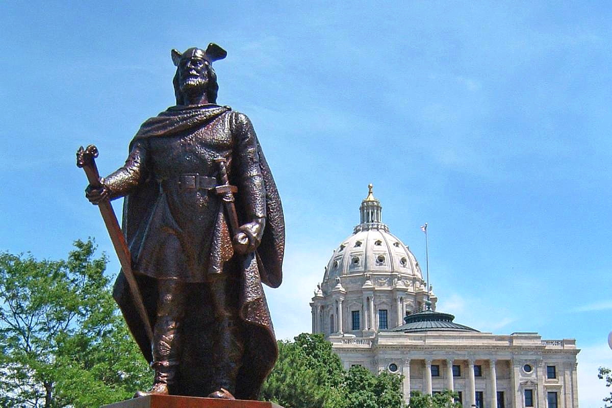 A statue of Leif Erikson by John K. Daniels stands near the Minnesota State Capitol in St. Paul, Minnesota.
