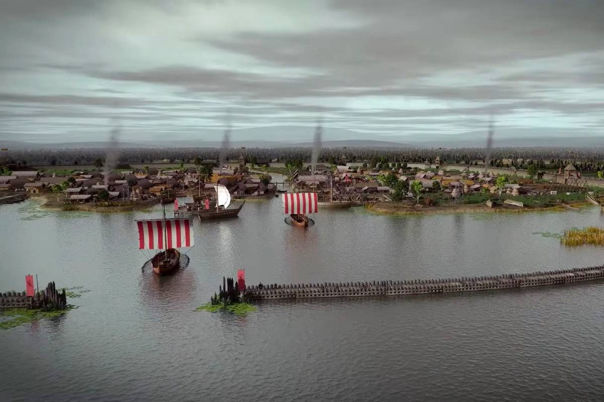 A museum visualization that depicts Viking Age Truso, a Baltic port settlement on the Vistula delta in what is today Poland.