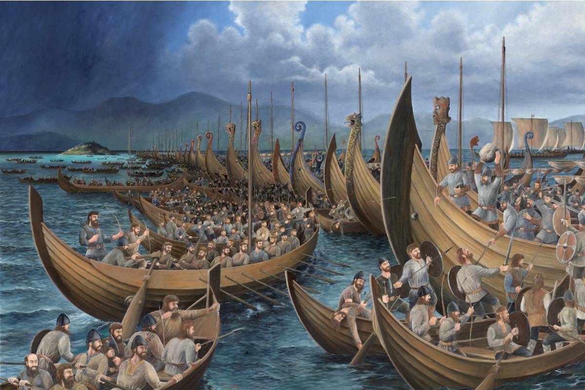 A modern depiction of the Battle of Hjørungavåg, created by a Norwegian artist in 2019.
