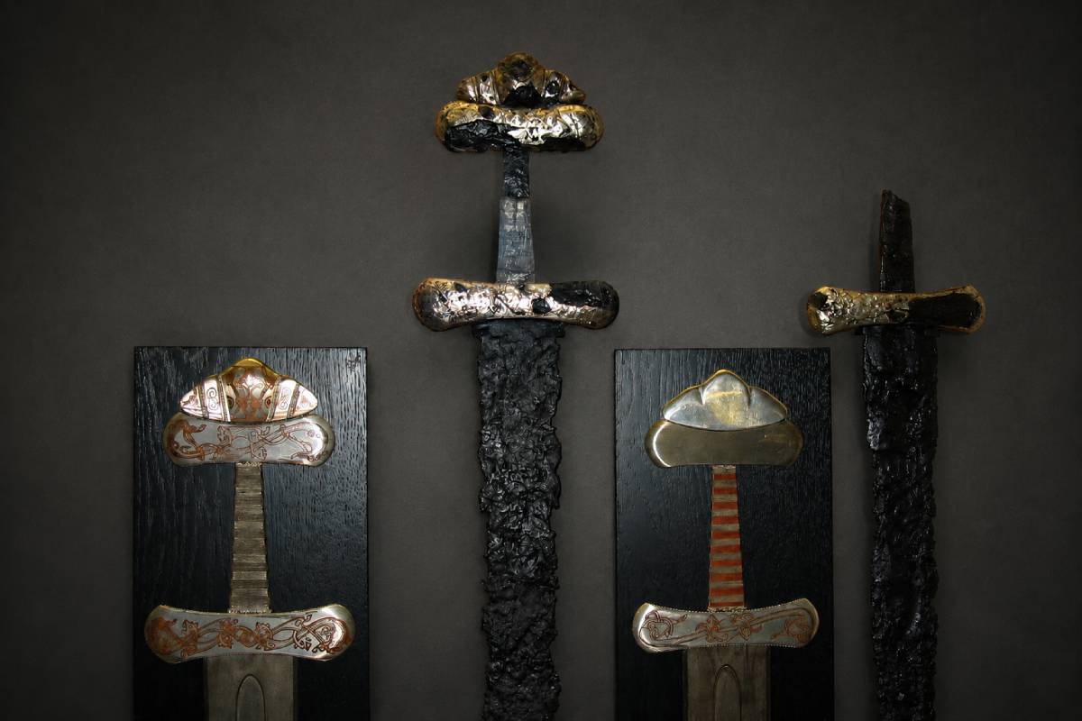 Two Viking Age sword hilts on display at the Hedeby Museum in Germany.